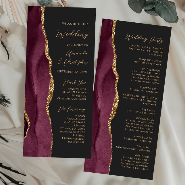 Burgundy Gold Agate Script Dark Wedding Program (Creator Uploaded)