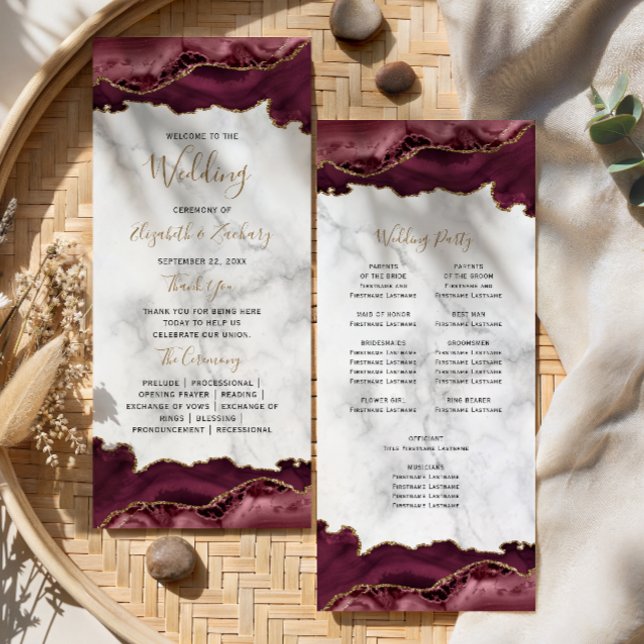 Burgundy Gold Agate Script Marble Wedding Programme (Creator Uploaded)