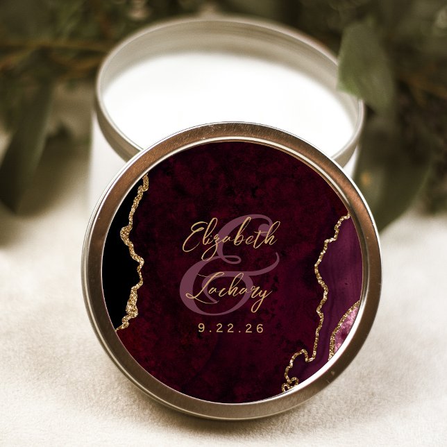 Burgundy Gold Agate Script Wedding Classic Round Sticker (Creator Uploaded)