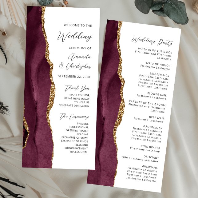 Burgundy Gold Agate Script Wedding Program (Creator Uploaded)