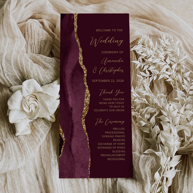 Burgundy Gold Agate Script Wedding Program (Creator Uploaded)