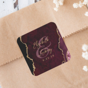 Burgundy Gold Agate Script Wedding Square Sticker