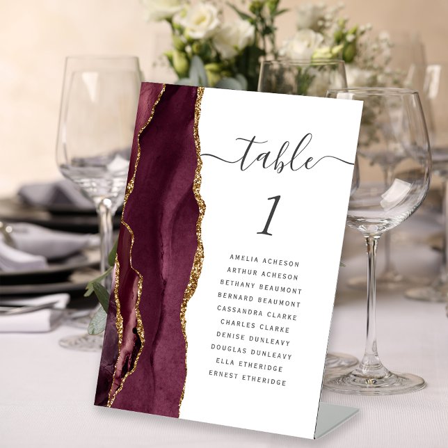 Burgundy Gold Agate Script Wedding Table Number Pedestal Sign (Creator Uploaded)