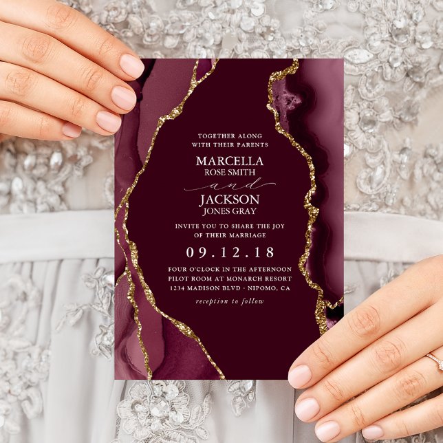 Burgundy & Gold Agate Wedding Invitation (Creator Uploaded)