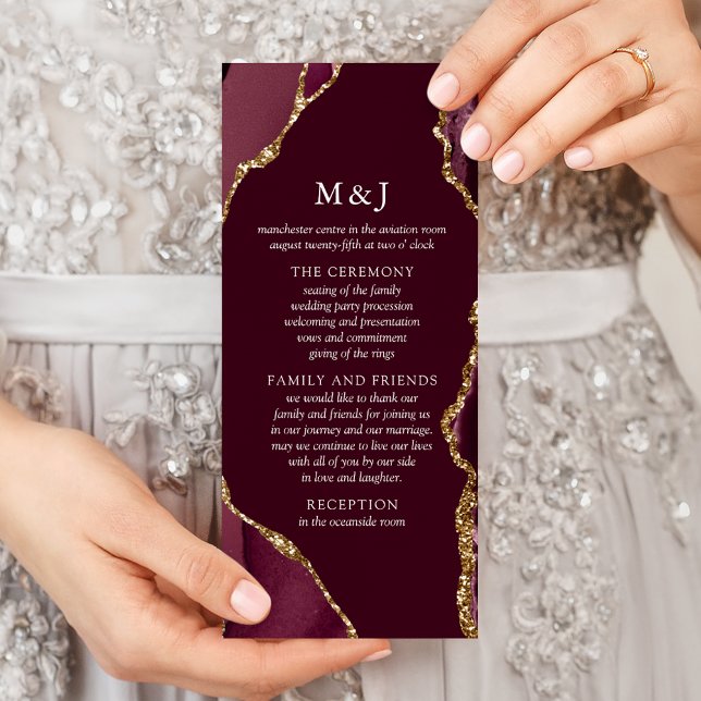 Burgundy & Gold Agate Wedding Program Rack Card (Creator Uploaded)