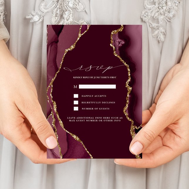 Burgundy & Gold Agate Wedding RSVP Invitation (Creator Uploaded)