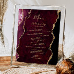Burgundy Gold Agate Wedding Table Menu Poster<br><div class="desc">The left-hand edge of this elegant modern wedding menu sign features a burgundy watercolor agate border trimmed with faux gold glitter. The word "Menu" appears in gold-coloured handwriting script. Personalise the remaining text with the names of the couple,  the wedding date,  and the menu details.</div>