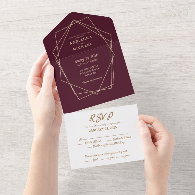 Burgundy & Gold All in One Wedding Invitation (Tearaway)