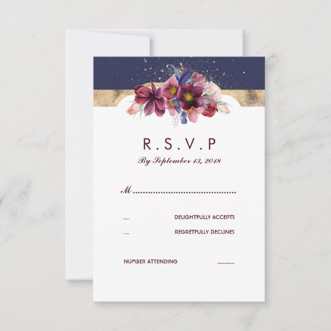 Burgundy Gold and Marsala Wedding RSVP Floral (Front)