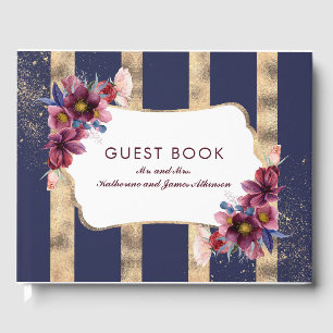 Burgundy Gold and Navy Floral Stripes Wedding Guest Book