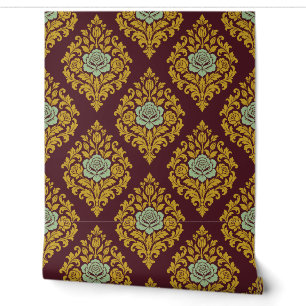 Burgundy, Gold and Sage Baroque Damask Wallpaper