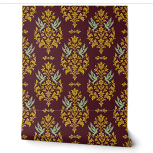 Burgundy, Gold and Sage Bird Damask Wallpaper