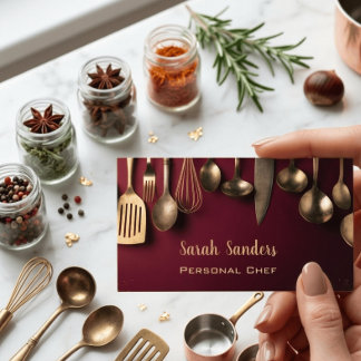 Burgundy & Gold Antique Utensils Personal Chef Business Card