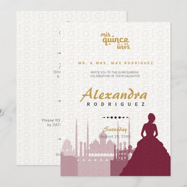 Burgundy & Gold Arabian Quinceañera Photo Invitation (Front/Back)