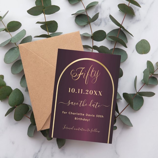 Burgundy gold arch 50th birthday save the date (Creator Uploaded)