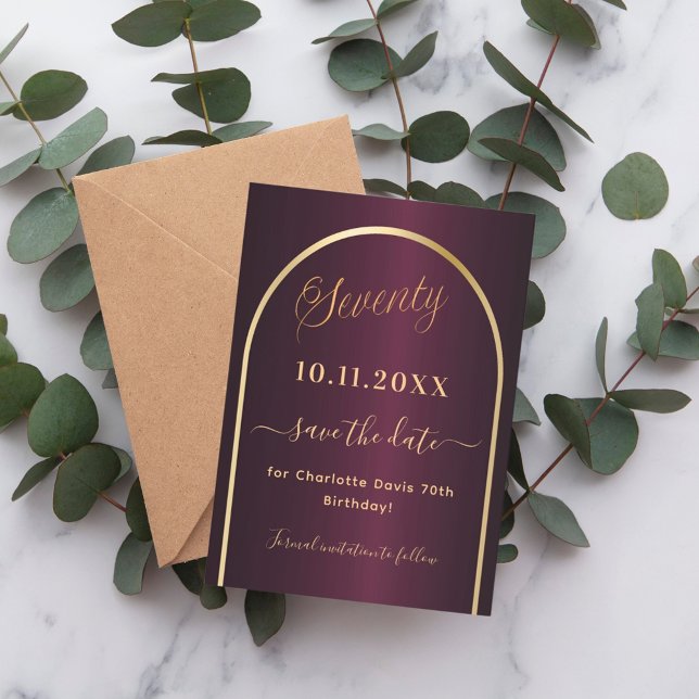 Burgundy gold arch 70th birthday save the date (Creator Uploaded)