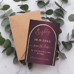 Burgundy gold arch 80th birthday save the date<br><div class="desc">A Save the Date card for a 80th birthday party.  A burgundy background,  decorated with a faux gold arch. Personalise and add a date and your name. The text: Eighty and Save the Date is written with a large trendy hand lettered style script.</div>