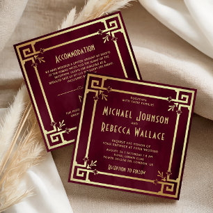 Burgundy Gold Art Deco All in One Wedding Invitation