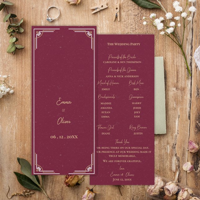Burgundy Gold Art Deco Wedding Ceremony Program Invitation (Burgundy Gold Art Deco Wedding Program Black Tie Ceremony Program Card)
