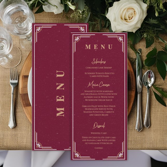 Burgundy Gold Art Deco Wedding Reception Dinner Menu (Burgundy Gold Art Deco Wedding Menu Card Black Tie Gatsby Reception Menu)