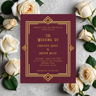 Burgundy gold art decor style wedding invitation