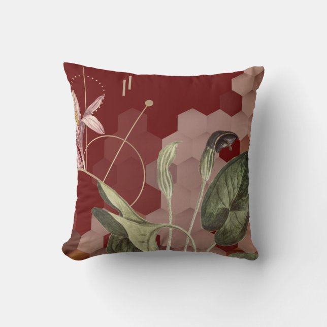 Burgundy & Gold Artistic Floral Ombre Hexagon Cushion (Front)