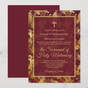 Burgundy & Gold Autumn Leaves Catholic Wedding Invitation