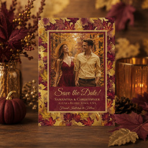 Burgundy & Gold Autumn Leaves & Photo Wedding Save The Date