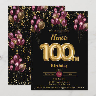 Burgundy Gold Balloons Confetti 100th Birthday Invitation