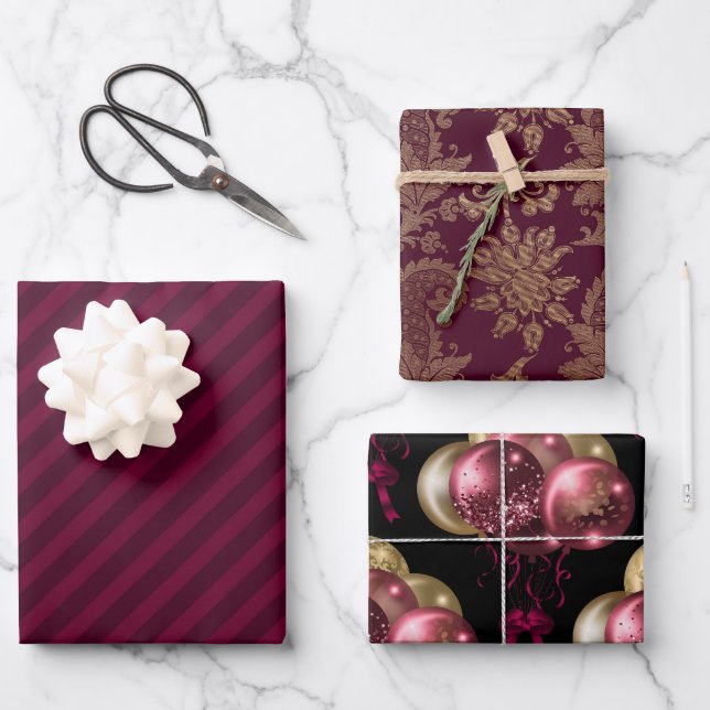 Burgundy & Gold Balloons pattern Wrapping Paper Sheet (Front)