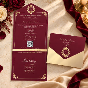 Burgundy Gold Baroque All-in-One Wedding Invite