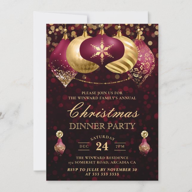 Burgundy & Gold Baubles Christmas Dinner Party Invitation (Front)