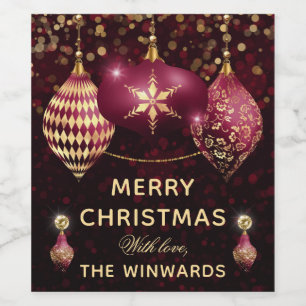 Burgundy & Gold Baubles Merry Christmas Wine Label