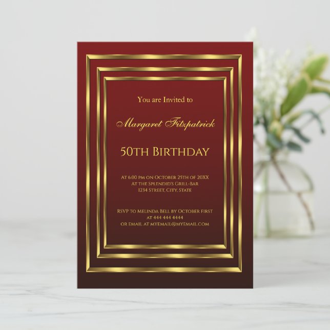 Burgundy Gold Beautiful Birthday Party Invitation (Standing Front)