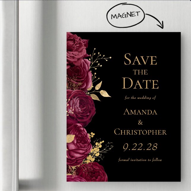 Burgundy Gold Black Floral Wedding Save the Date Magnetic Invitation (Creator Uploaded)