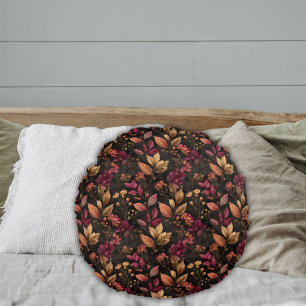 Burgundy Gold Black Watercolor Botanicals Florals  Round Cushion