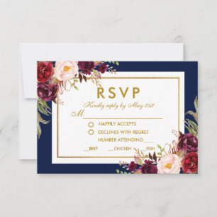 Burgundy Gold Blue Floral Wedding RSVP Card