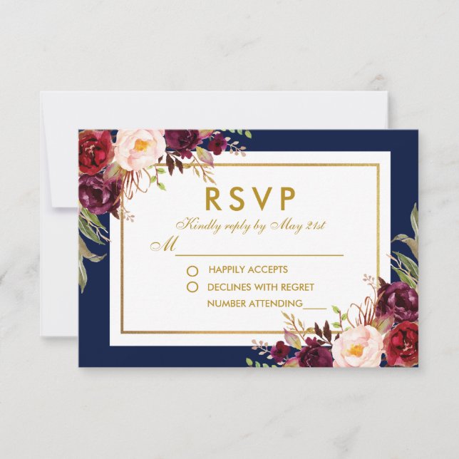 Burgundy Gold Blue Watercolor Floral Wedding RSVP (Front)