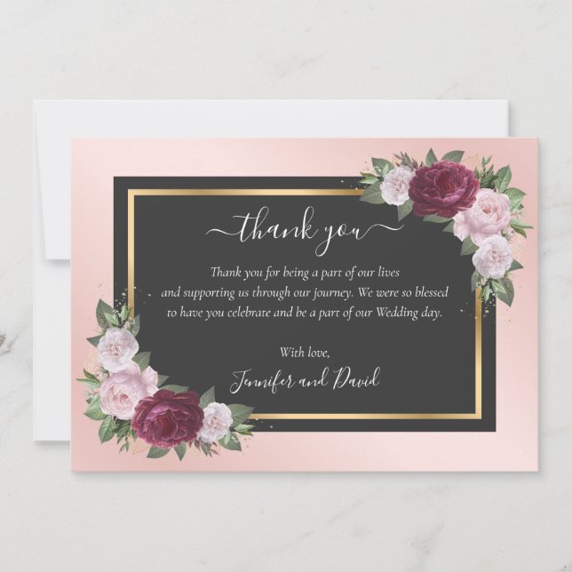 Burgundy Gold Blush Black Thank You Card (Front)