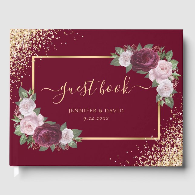 Burgundy Gold Blush Floral Wedding Guest Book (Front)