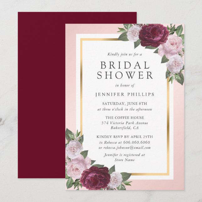 Burgundy Gold Blush Pink Floral Bridal Shower Invitation (Front/Back)