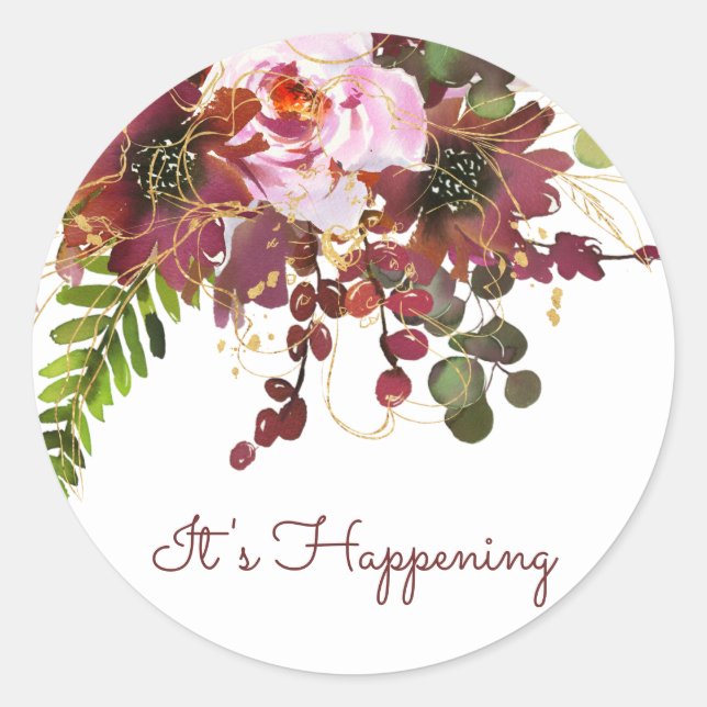 Burgundy Gold Blush Pink Floral Save The Date Classic Round Sticker (Front)