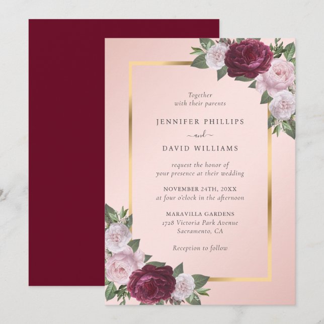 Burgundy Gold Blush Pink Floral Wedding Invitation (Front/Back)
