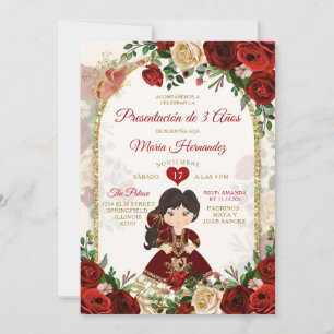 Burgundy Gold Boho Spanish Girl Tres Años Floral Invitation