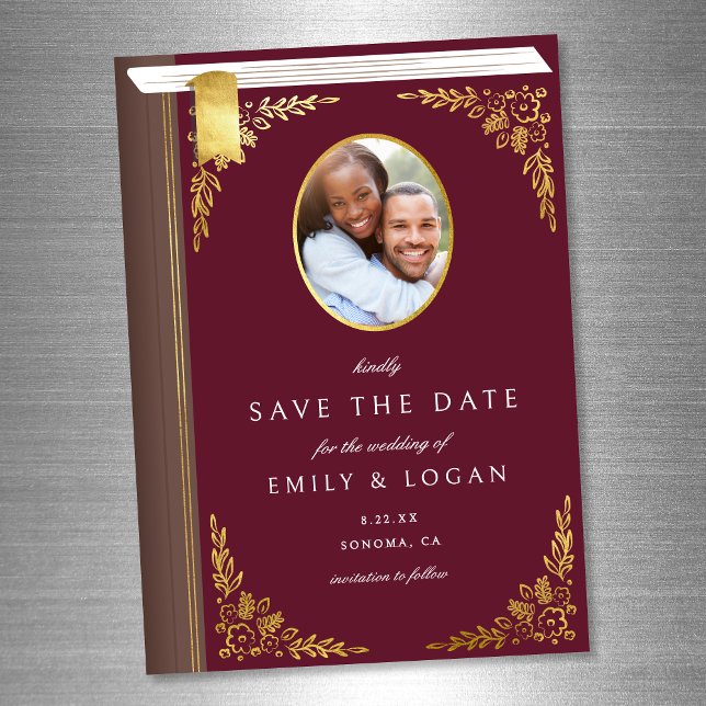 Burgundy Gold Book Wedding Save The Date Card (Creator Uploaded)