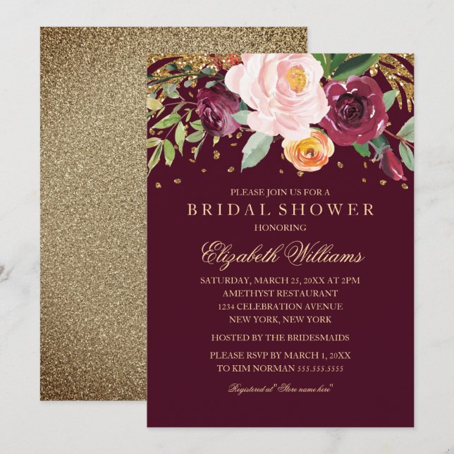 Burgundy Gold Botanical Glitter Bridal Shower Invitation (Front/Back)