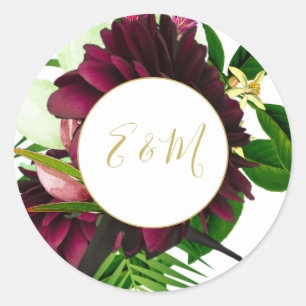 Burgundy  Gold Bouquet  Modern Wedding Monogram Classic Round Sticker