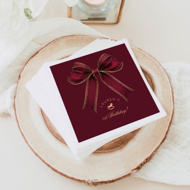 Burgundy Gold Bow Rocking Horse Luxury Birthday Napkin (Creator Uploaded)