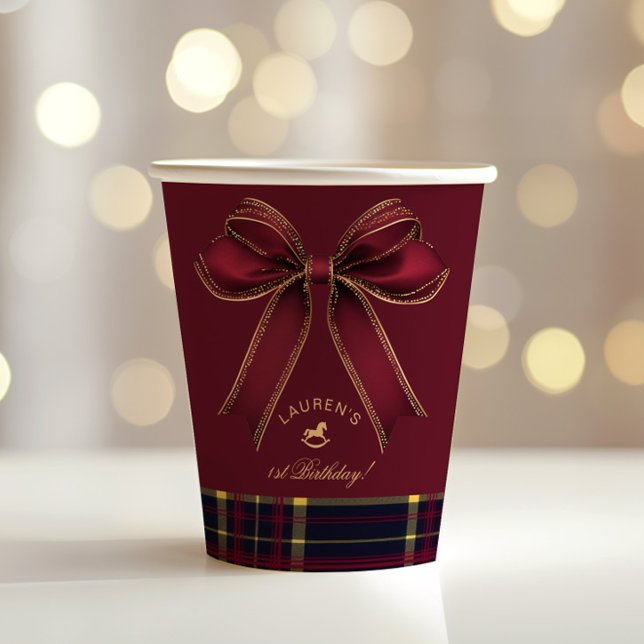Burgundy Gold Bow Rocking Horse Luxury Birthday Paper Cups (Creator Uploaded)
