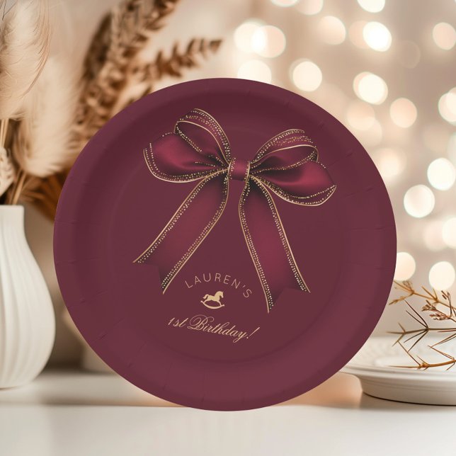 Burgundy Gold Bow Rocking Horse Luxury Birthday Paper Plate (Creator Uploaded)